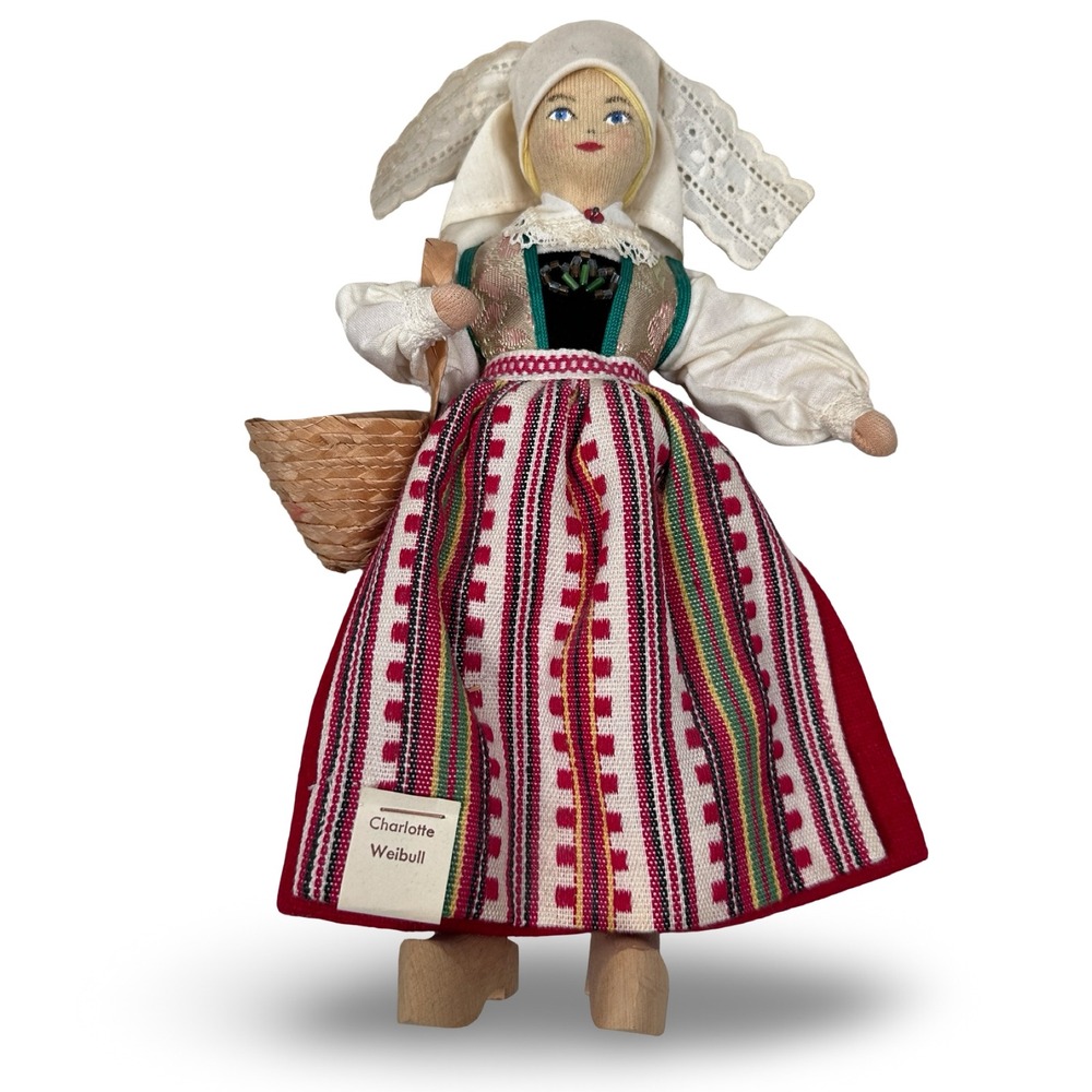 Vintage Charlotte Weibull Swedish Folk Art Doll Traditional Costume Clogs 9.5"